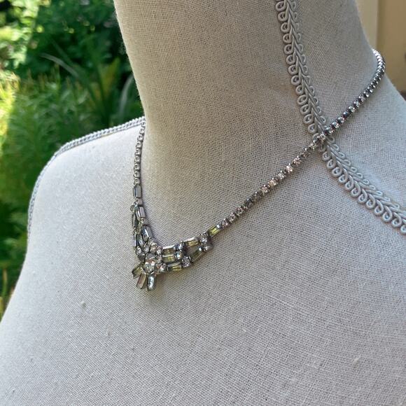 VTG Mid Century Rhinestone Necklace Baguette Crystal Silver Tone 1950s Jewelry - Picture 5 of 12